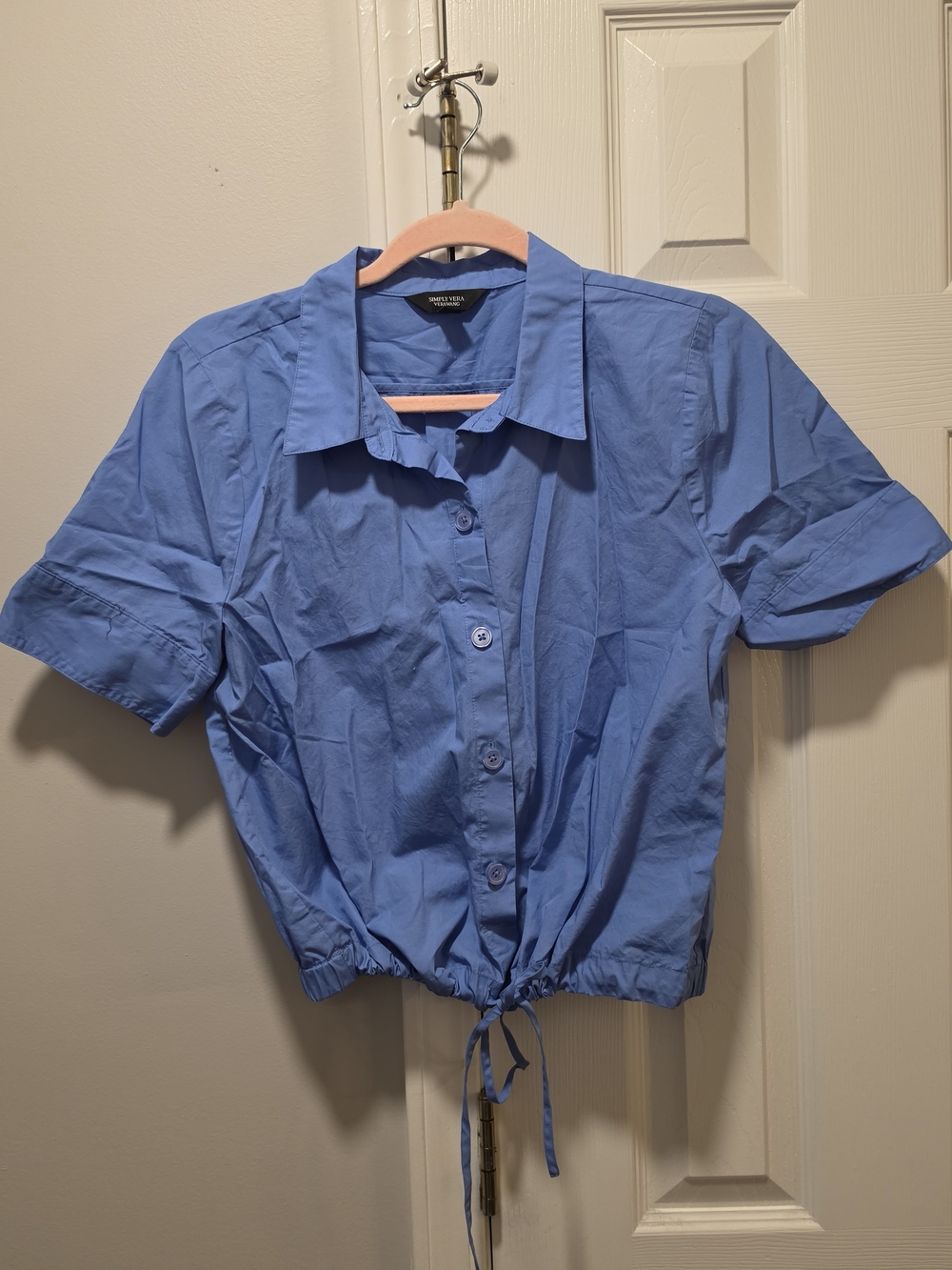 Simply Vera Vera Wang Periwinkle Blue Cropped Drawstring Button Down Top M